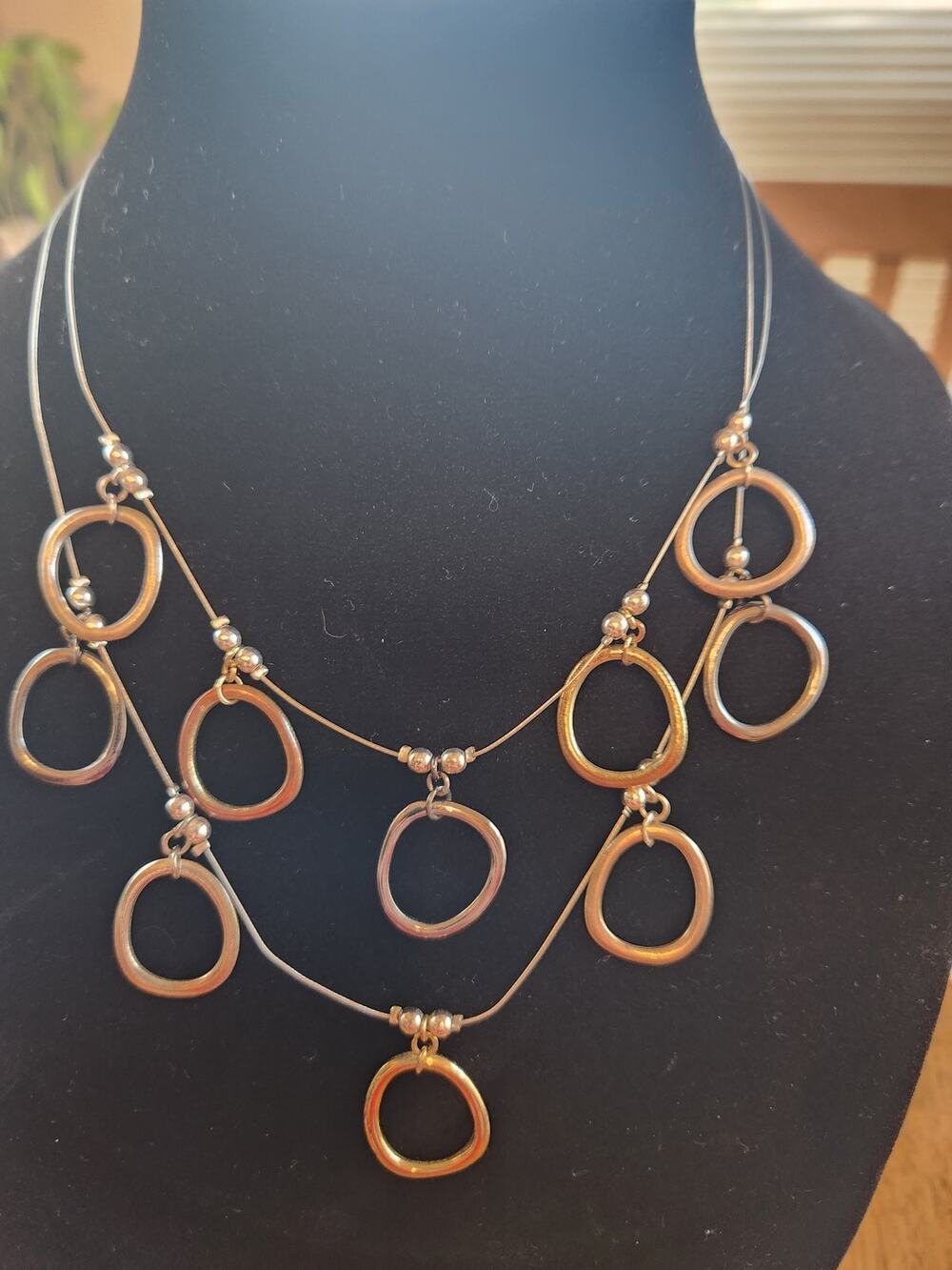 Mixed Metal Multi Strand Open Circle Statement Necklace Silver Gold Tone Boho